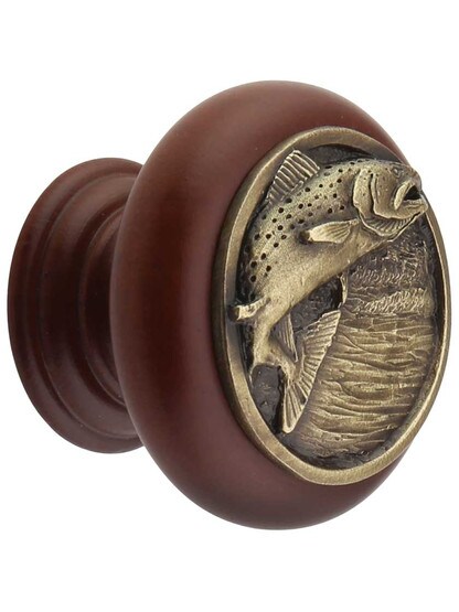 Leaping Trout Wood Knob in Cherry/Antique Brass.